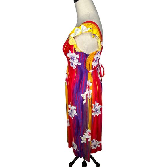 VINTAGE 80s HAWAIIAN Rayon Dress S V-Neck Ruffle Sleeves RAINBOW Red purple 2 4 - Picture 4 of 9